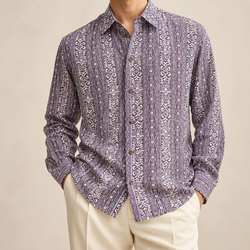 Mens Large Purple Gray Floral Striped Shirt Long Sleeve Boho Retro Button Up NWT